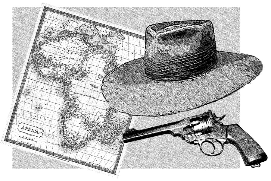 Hat, gun, map of Africa